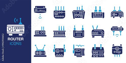 Router Icon set. Containing broadband, modem, access point, hotspot, antenna and more. Solid vector icons collection. Vector illustration.