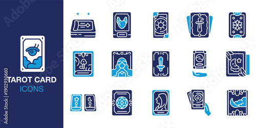 Tarot Card Icon set. Containing occult, esoteric, ritual, reading, prophecy and more. Solid vector icons collection. Vector illustration.