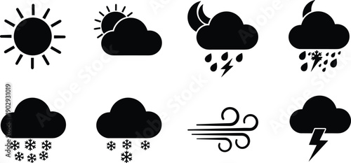 Weather icons set, sunny, cloudy, thunderstorm, snow, wind, night forecast symbols, vector illustration, meteorology, climate, conditions, UI