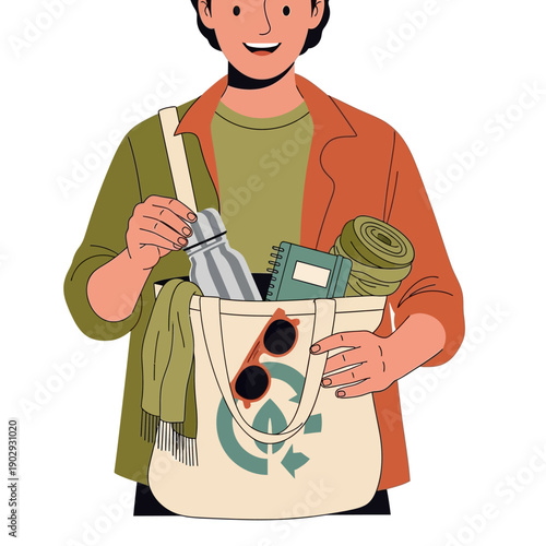 Man holding reusable shopping bag with eco friendly items.