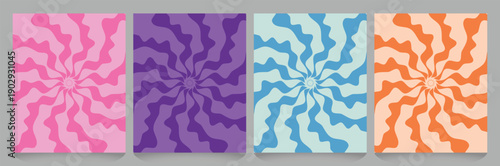 Four vibrant abstract psychedelic swirl patterns in different colors, featuring wavy radial designs emanating from a central point, suitable for backgrounds or covers.