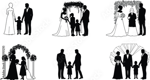 Wedding ceremony silhouette, bride and groom with family, love celebration, marriage vows, floral arch, happiness, romantic event, family together illustration