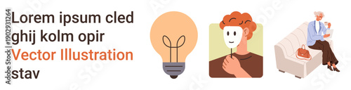 Creative thinking, self-identity, caregiving, mental health, personal support, elderly care. Light bulb, person holding a mask elderly and caregiver on a couch. Creativity and self-identity concepts