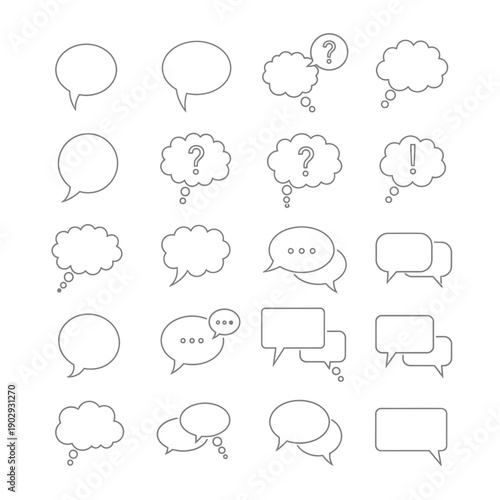 A comprehensive collection of vector outline speech bubbles, thought clouds, and chat boxes with various indicators for messages and conversations suitable for digital projects