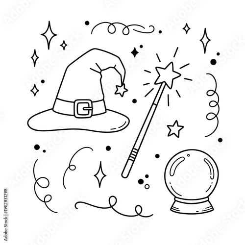 Whimsical Wizardry A collection of magical elements including a witch's hat, sparkling wand, and crystal ball, perfect for fantasy-themed designs