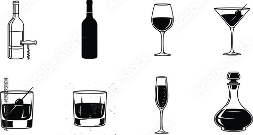 Wine bottle, cocktail glass, champagne flute, whiskey glass, liquor decanter, alcohol drink icon set, bar and party illustration