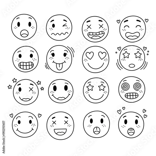 Diverse Collection of Hand-Drawn Outline Emojis Showcasing a Wide Range of Emotions and Playful Facial Expressions in Black and White Doodle Art Style for Digital Communication