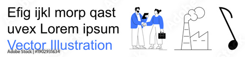 Business partnerships, teamwork, industry pollution, sustainability, creativity, music. Two people shaking hands in formal attire, a factory with smoke and a musical note. Business partnerships