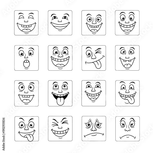 A grid of sixteen square cartoon faces, each displaying a different emotion or expression in a simple black and white line drawing style