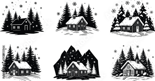 Winter cabin illustration, snowy forest scene, black and white drawing, pine trees, falling snowflakes, cozy house, seasonal landscape, rustic retreat