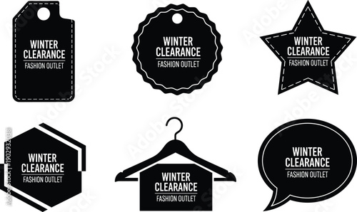 Winter clearance sale tags and fashion outlet discount labels in various shapes, promotional badge collection, seasonal marketing graphics for retail advertising