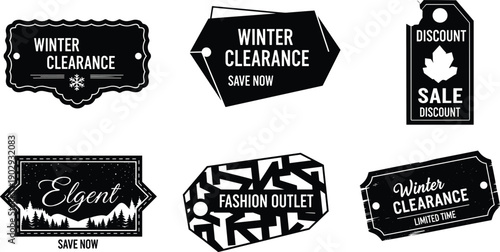 Winter clearance sale tags collection with discount labels, fashion outlet offers, seasonal promotional designs, black and white winter holiday marketing graphics