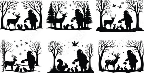Winter forest silhouette, Santa with animals, snow scene, deer and rabbit, woodland Christmas, holiday illustration, black graphic, seasonal nature art