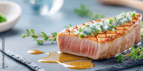 Seared tuna steak with herb sauce on black stone plate garnished with fresh thyme