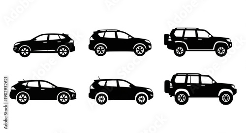 Collection of black SUV car silhouettes on a white background.