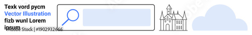 Web navigation, data search, library services, education, digital access, exploration. Magnifying glass, input field historic building outline cloud. Web navigation and data search concepts