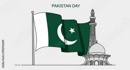 Pakistan day celebration with flag and mosque illustration
