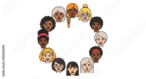 Diverse group of women forming a circle with their faces symbolizing unity and friendship