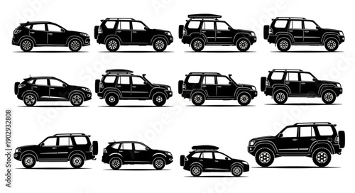 Collection of Black SUV Silhouettes on White Background.