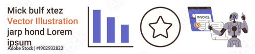 Data visualization, customer ratings, automation, financial tools, AI assistance, digital records. Bar chart, star icon invoice and robotic assistant displayed. Data visualization and customer