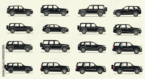 Collection of black SUVs and cars in profile view.