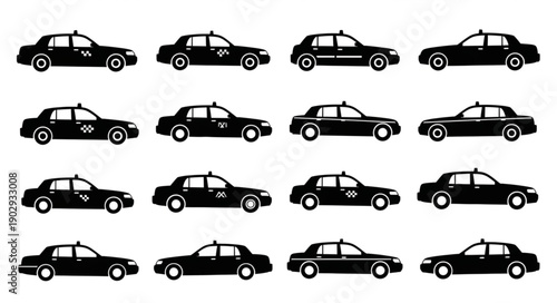Collection of Black Taxi Cabs in Silhouette.