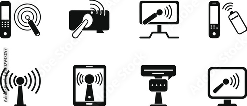 Wireless communication icons, signal transmission symbols, mobile connectivity, network diagnostics, vector technology graphics, black and white device illustrations