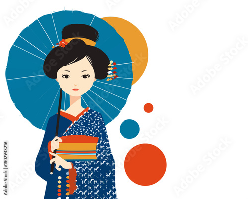 伝統的な着物をまとい青い和傘を差す美しい日本人女性のイラストは、和の文化と雅な雰囲気を表現したフラットデザインのベクターアートで、背景は透明感があり、日本の伝統美を象徴しています。