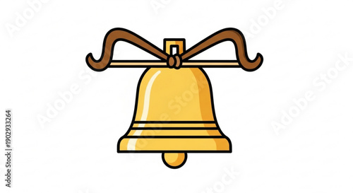 Golden bell with brown ribbon and clapper on white background symbolizing announcement and celebration