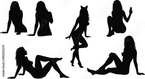 Woman silhouette, female pose, black figure, stylish model, long hair, seated woman, standing lady, fashion art, elegant posture, cat ears, costume girl, abstract female, minimal design