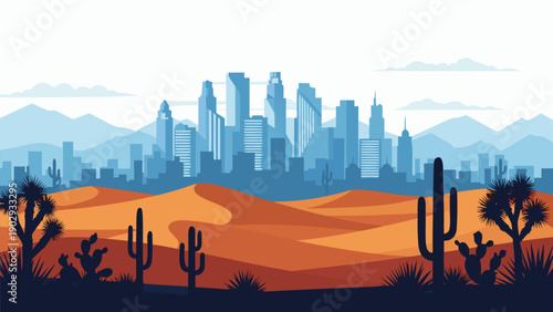 Vibrant vector illustration of a sprawling cityscape emerging from a desert landscape
