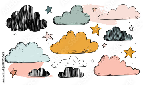 手描きのかわいい雲と星のイラストセット。子供向けのデザインや背景に使える、カラフルで夢のような要素が満載です。