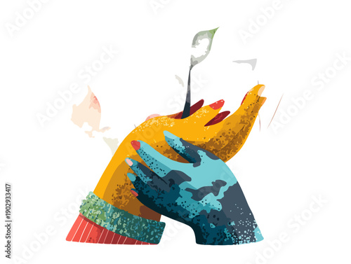 透明な背景に描かれた、異なる肌の色の手が小さな新芽を大切に育むイラスト。多様性を尊重し、環境保護と持続可能な社会への協力と未来への希望を象徴するデザイン。