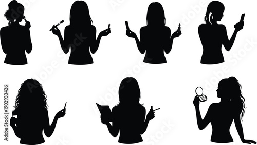 Women applying makeup silhouette set, beauty blogger, cosmetic tools, lipstick, mirror, fashion illustration, skincare routine, vector black design icons