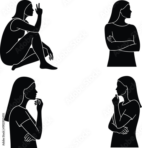 Woman thinking silhouette collection, female thoughtful poses and emotions, contemplation and decision concept, black and white vector illustration set