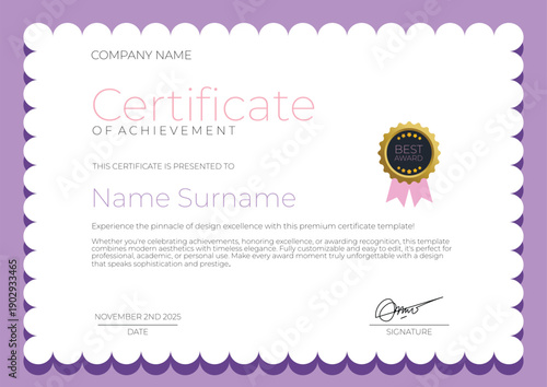 Customizable Certificate of Achievement Template with Decorative Border and Seal.