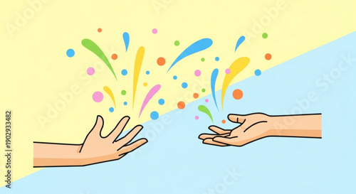 Two hands reaching out to each other with colorful splashes and dots in the background symbolizing connection and creativity