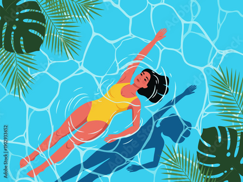 Vibrant vector illustration of a woman swimming in clear blue water surrounded by tropical leaves