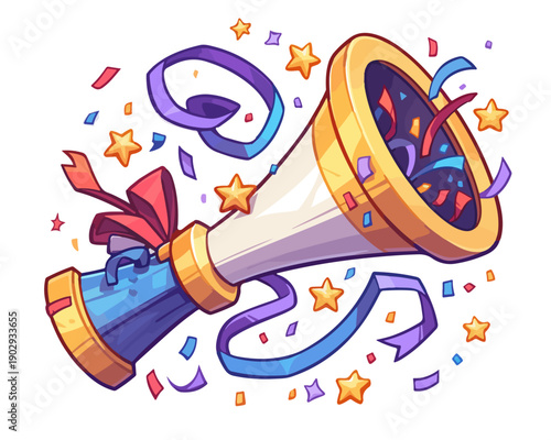 透明な背景に、紙吹雪とリボンが舞うカラフルなメガホンのイラスト。お祝い、発表、イベントの成功を象徴するポップで楽しいベクターグラフィックデザイン素材。