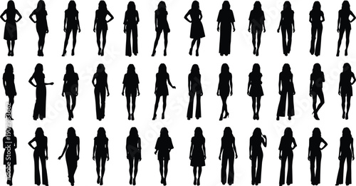 Women silhouette collection showing multiple female poses and outfits, black and white human figures for fashion, lifestyle, business, marketing, presentations, and modern graphic design projects