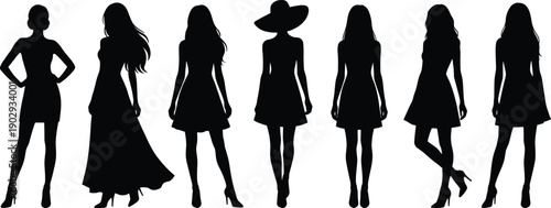 Women, fashion, silhouettes, set, elegant, female, models, dresses, poses, black, outline, style, glamour, beauty, illustration, design, collection, modern, chic, concept