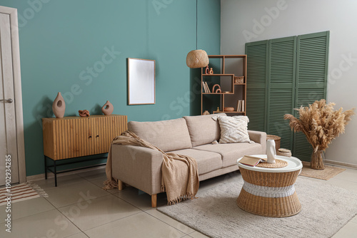 Rattan table, chest of draw...