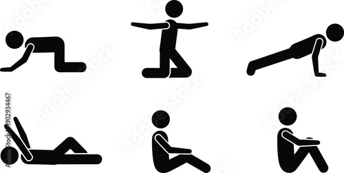 Workout exercise silhouette icons showing stretching push up sit up yoga fitness poses isolated on white background training illustration set
