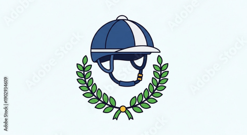 Equestrian helmet with laurel wreath emblem on light blue background for equestrian sports and achievements