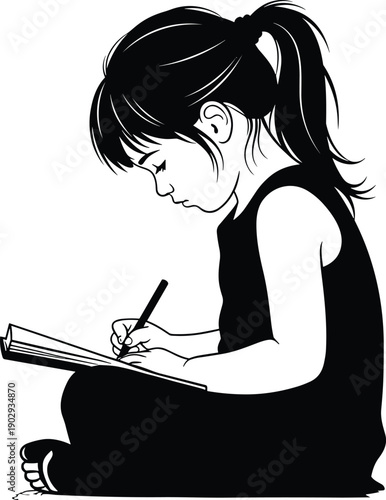 Young girl writing in notebook illustration, focused child studying quietly, black and white vector art representing education, creativity, learning habits, and childhood development