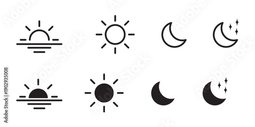 Time of the day icons showing morning sunrise, bright noon sun, evening sunset, and night moon with stars representing daily cycle, weather, astronomy, calendar, and environment concept 