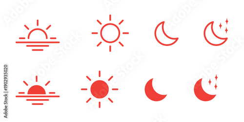 Time of the day icons showing morning sunrise, bright noon sun, evening sunset, and night moon with stars representing daily cycle, weather, astronomy, calendar, and environment concept 