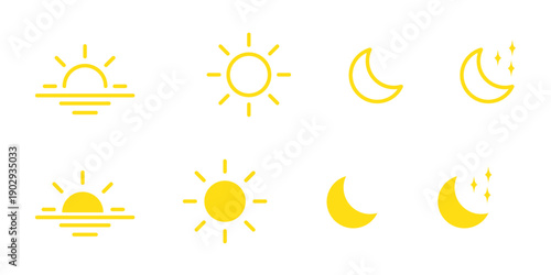 Time of the day icons showing morning sunrise, bright noon sun, evening sunset, and night moon with stars representing daily cycle, weather, astronomy, calendar, and environment concept 