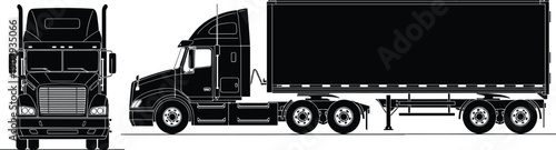 Black silhouette semi-truck with trailer illustration showing front and side views, detailed cargo design for logistics, transport, and freight industry