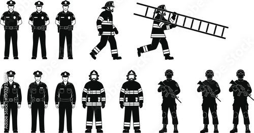 Collection of Professional Public Service Silhouettes Featuring Police Officers Firefighters with Ladders and Special Forces Soldiers for Emergency Response and Law Enforcement Vector Design